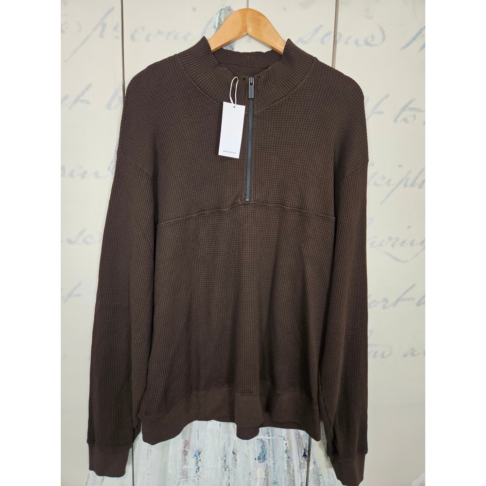 Cotton Citizen Mens Waffle Knit Quarter Zip‎ Pullover Brown Mock Neck Large USA
